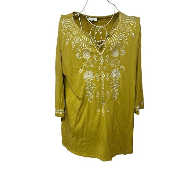 STUNNING J Jill blouse Womens Green Embroidered Long Sleeve V Neck Blouse Peasan - Picture 9 of 14